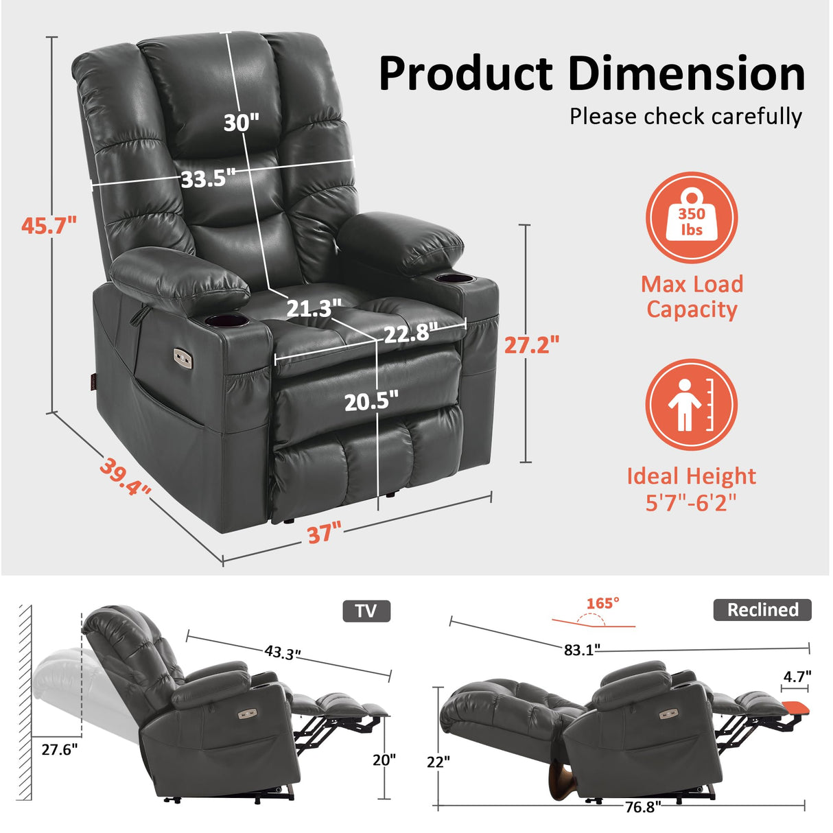 MCombo Large Triple Motor Power Lift Recliner Chair with Massage and Dual Heating, Adjustable Headrest for Tall Elderly People, Faux Leather 7634 (Dark Grey, Large) MCombo