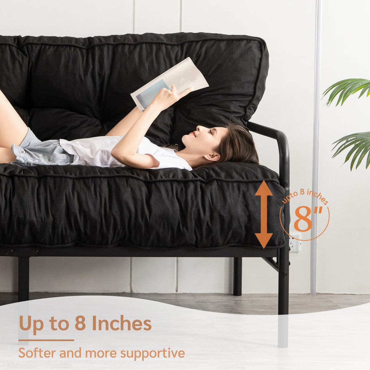 YOSHOOT 8 Inches Futon Mattress Full Size, Thick Futons Sofa Couch Bed, Floor Mattress for Adults, Shredded Foam Filling, Medium Firm(Frame Not Included), Black YOSHOOT