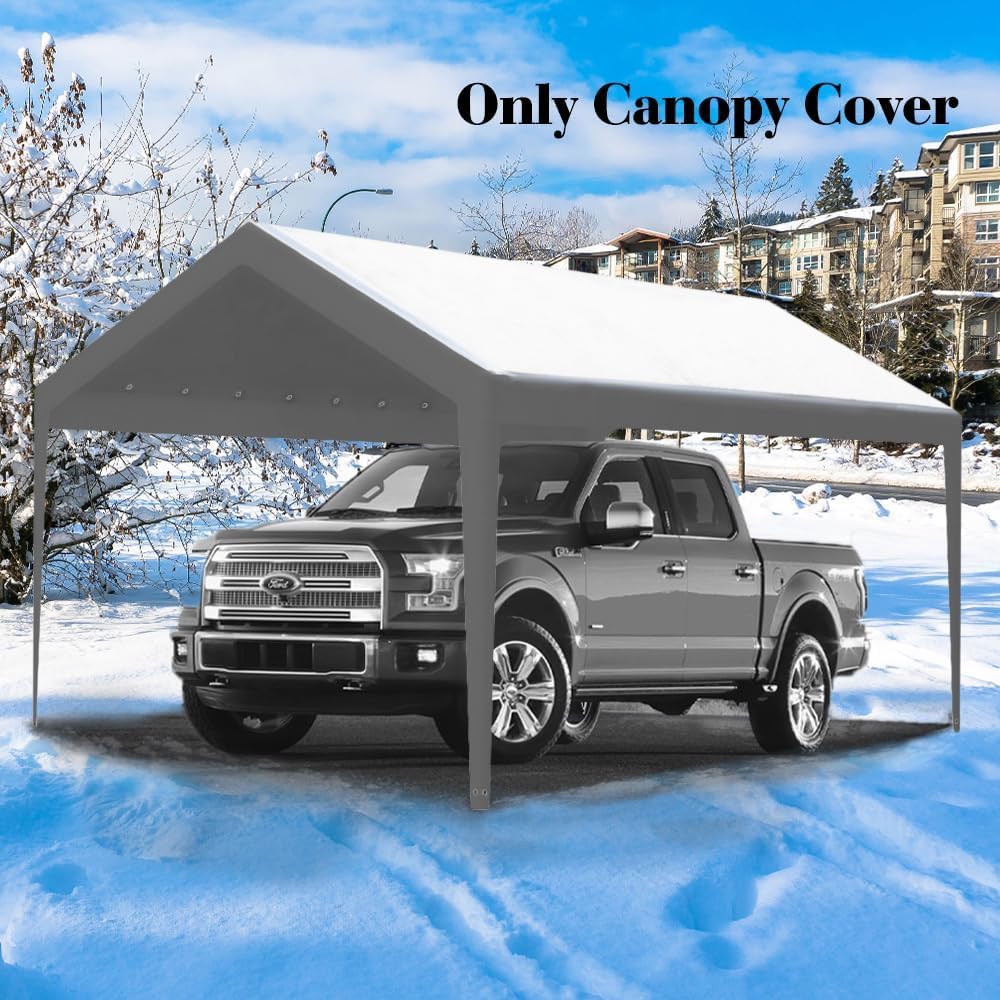 Rutile 10 x 20 FT Carport Replacement Cover - Heavy Duty Car Tarp Canopy Tent Garage Top Shelter With Fabric Leg Pole Skirts and Ball Bungees - Gray (Only Top Cover, Frame Not Included) Rutile