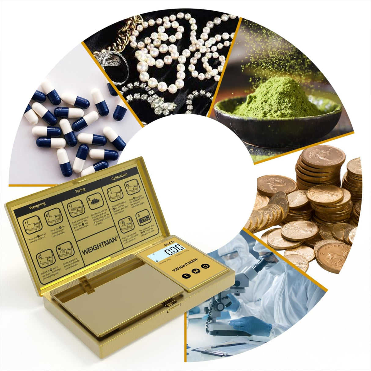 WEIGHTMAN Digital Scale Gram, 200g/0.01g Pocket Scale Gold Titanium Plating, LCD Backlit Display, Mini Jewelry Scale with 6 Units, Auto Off, Tare Function for Food, Coins, Battery Included WEIGHTMAN