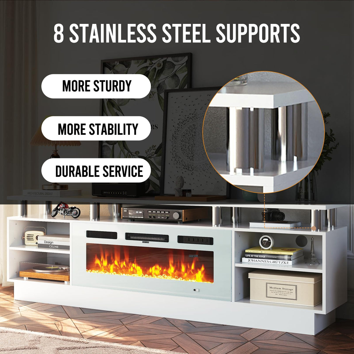 oneinmil Fireplace TV Stand with 36” Electric Fireplace, 70” 2 Tier TV Console Stand for TVs Up to 80", LED Light Entertainment Center, Fireplace for The Living Room TV Stand, White oneinmil