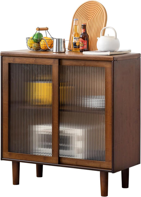 Welnow Buffet Cabinet, Bamboo Sideboard with Storage Kitchen Display Cabinet with 2-Tier Shelves Boho Coffee Bar Tables for Kitchen, Living Room, Entryway, Office, Walnut Welnow