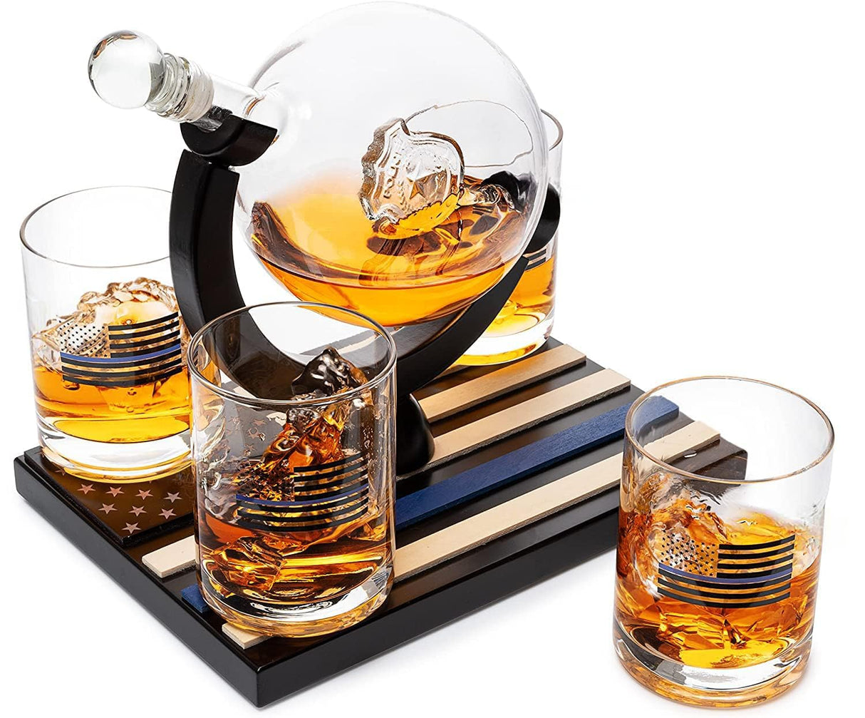 Police Officers Decanter - Whiskey and Wine Set 850ml & Four 10oz Glasses, Thin Blue Line Flag Base - Law Enforcement Gifts, Police & Police Academy, Gift Set First Responders! Gifts for Dad The Wine Savant