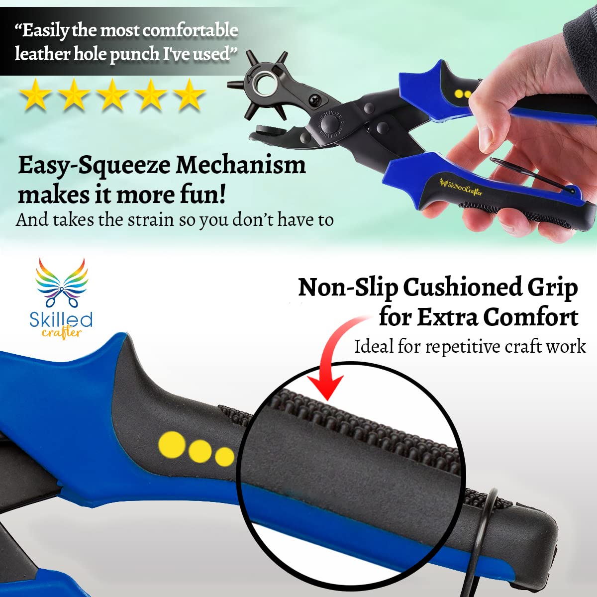 Leather Hole Punch & Belt Hole Puncher Easily Punches Perfect Round Holes. Bonus Ruler & Awl Tool. Leather Craft Tool for Watch or Bag Strap, Fabric, Eyelet - Precision Crafting & Professional Results Skilled Crafter