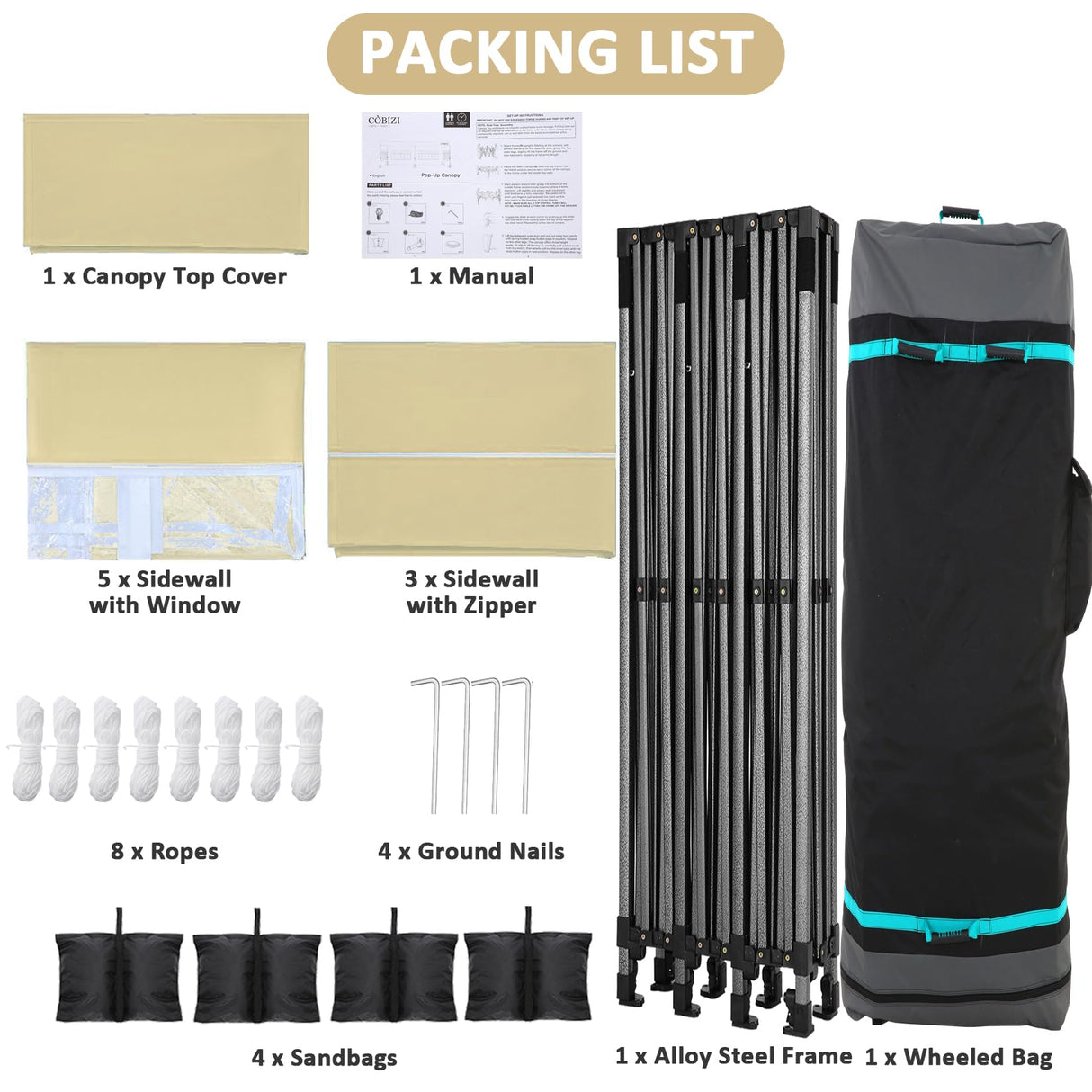 COBIZI 10x30 Pop Up Canopy with 8 Sidewall,Heavy Duty UPF 50+ All Season Wind Waterproof Commercial Outdoor Wedding Party Tents for Parties Canopy Gazebo with Roller Bag(10 x 30 ft Khaki) COBIZI