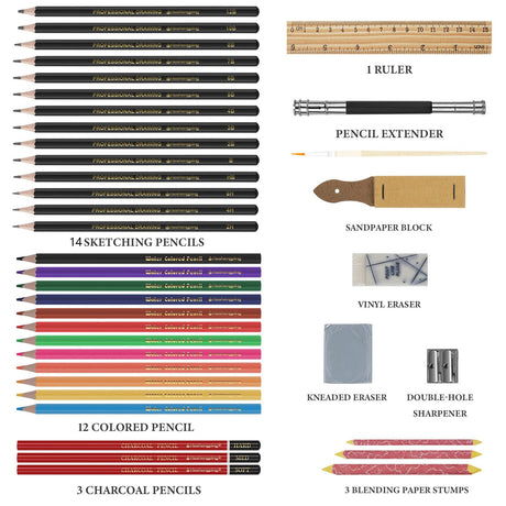 42 Pack Drawing Set Sketch Kit, Art Sketching Supplies has 3-Color Sketchbook Coloring Book Graphite Charcoal watercolor pencils, Portable Travel Size Case gift for Beginner Artists Adults Heshengping