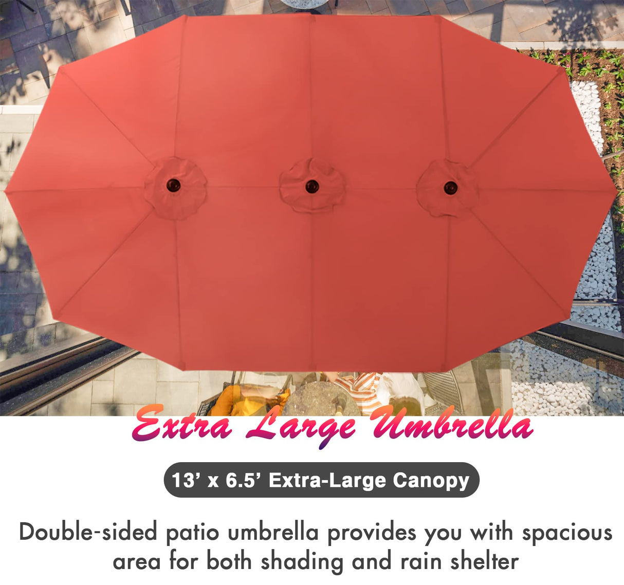 PHI VILLA 7 Piece Patio Dining Set with Umbrella, 60” Rectangular Metal Dining Table & 6 Cushioned Rattan Wicker Chairs & 13ft Large Red Umbrella for Outdoor, Deck, Yard, Porch PHI VILLA