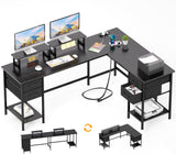 Korfile 66" L Shaped Computer Desk with Power Outlets, Corner Desk with 2 Monitor Stands, Home Office Desk with 4 Adjustable Storage Drawers & Shelves, Large Desk for Gaming Writing Study Work, Black Korfile