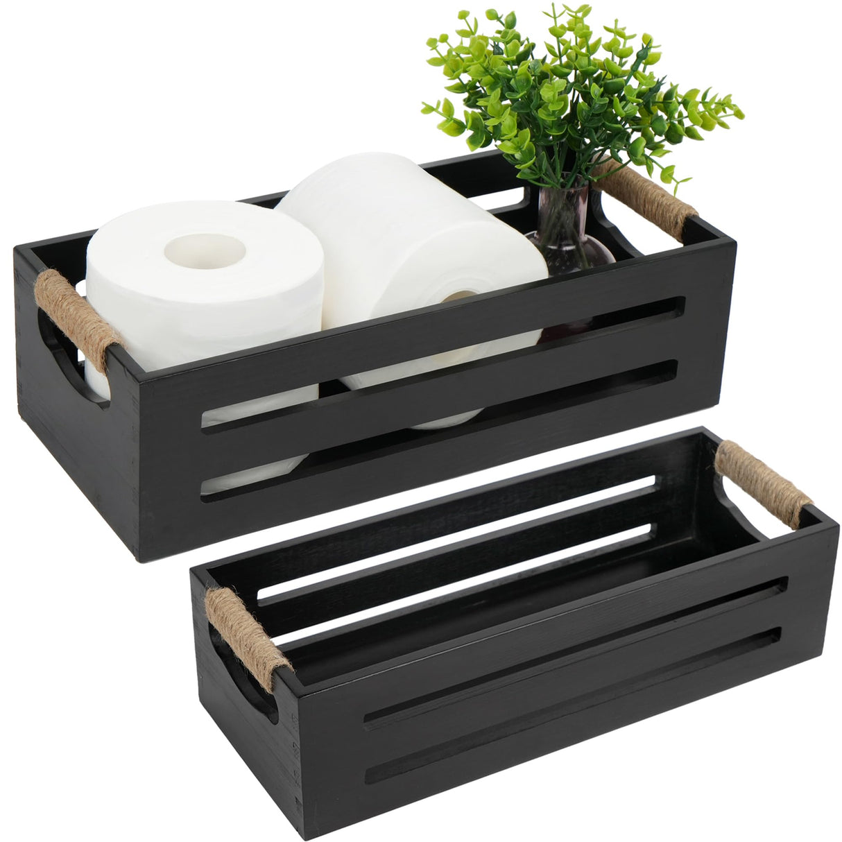 LotFancy Bathroom Decor Box, 2 Pack Toilet Tank Topper Basket, Wooden Bathroom Basket, Back of Toilet Storage Basket, Black Farmhouse Toilet Paper Holder LotFancy