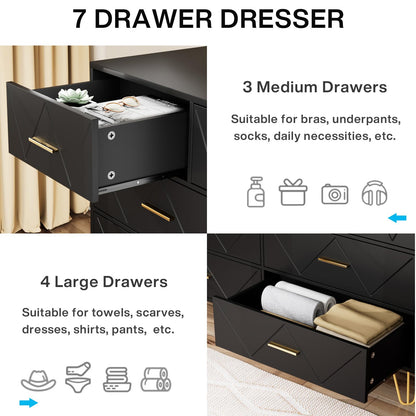 JOZZBY Dresser for Bedroom, 7 Drawer Black Wooden Dresser with Gold Handles, Modern Storage Dressers & Chests of Drawers for Hallway, Entryway