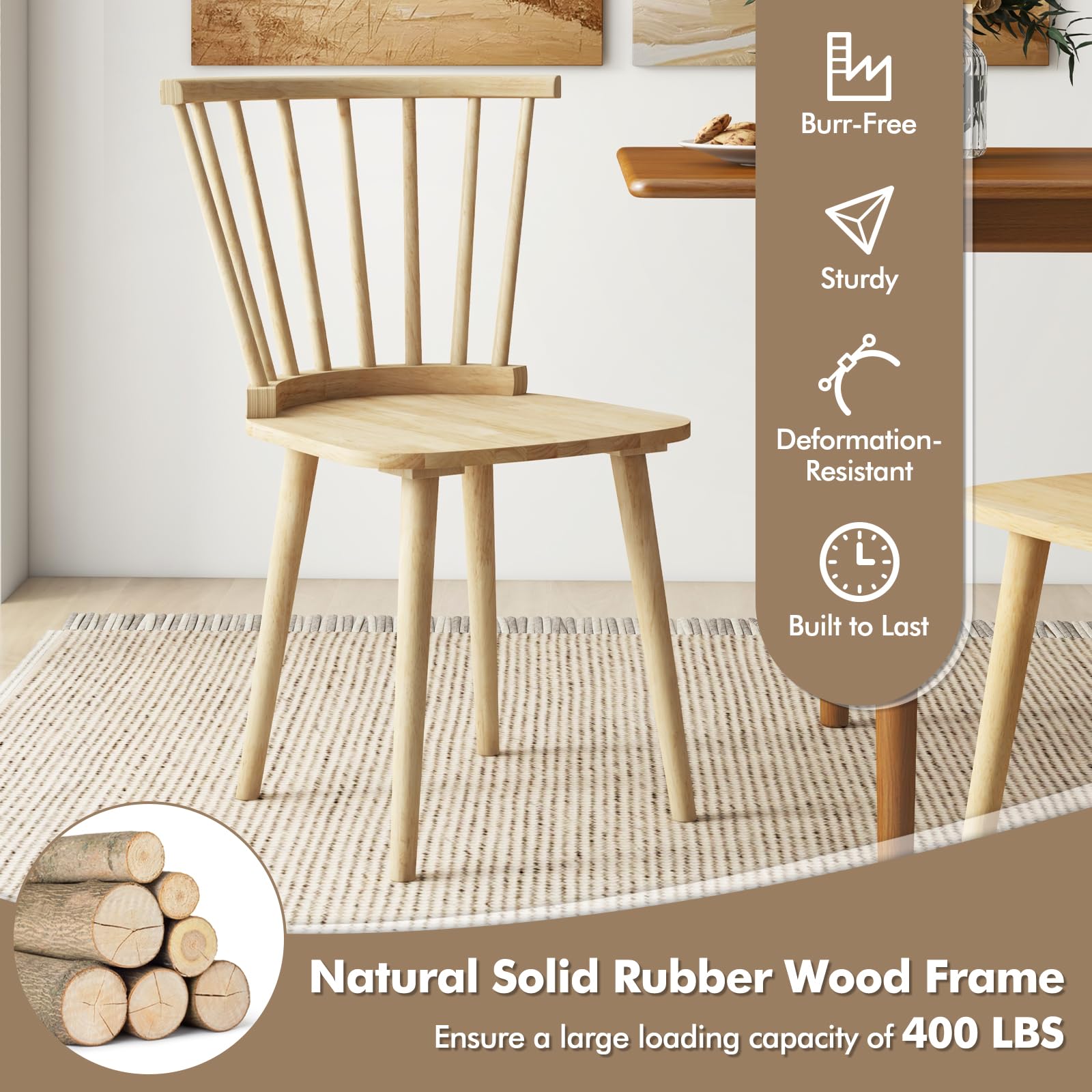 Giantex Wood Dining Chairs Set of 2, Windsor Dining Chairs, American Country Kitchen Chairs w/Rubber Wood Frame & High Spindle Back, Farmhouse Armless Side Chairs for Home Living Room, Natura - WoodArtSupply