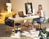 ODK Computer Desk Large Office Desk, 63 Inch Gaming Desk with Storage, Modern PC Desk Work Table with Headphone Hook for Home Office, Splice Board, White Marble + Gold Leg ODK