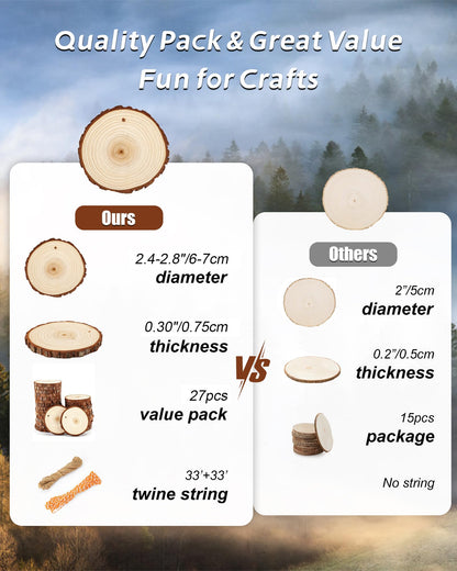 Unfinished Natural Wood Slices Small Wood Rounds with Bark 2.4-2.8” Wood Ornaments Round Wooden Slices for Crafts Small Blank Wood Circles with Holes Wooden Chips Round Wood Chips Wood Cookie 27PCS