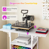Foldable Heat Press Stand with Charging Station, 3 Tier Movable Heat Press Table with Vinyl Roll Holder, Heavy Duty Metal Shelf Cart for DIY Sublimation Transfer Machine and Printer, White knoworld