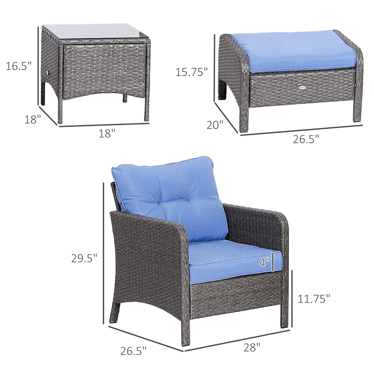 Outsunny 5 Pieces Rattan Wicker Lounge Chair Outdoor Patio Conversation Set with 2 Cushioned Chairs, 2 Ottomans and Tempered Glass Top Coffee Table, Blue Outsunny