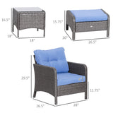 Outsunny 5 Pieces Rattan Wicker Lounge Chair Outdoor Patio Conversation Set with 2 Cushioned Chairs, 2 Ottomans and Tempered Glass Top Coffee Table, Blue Outsunny