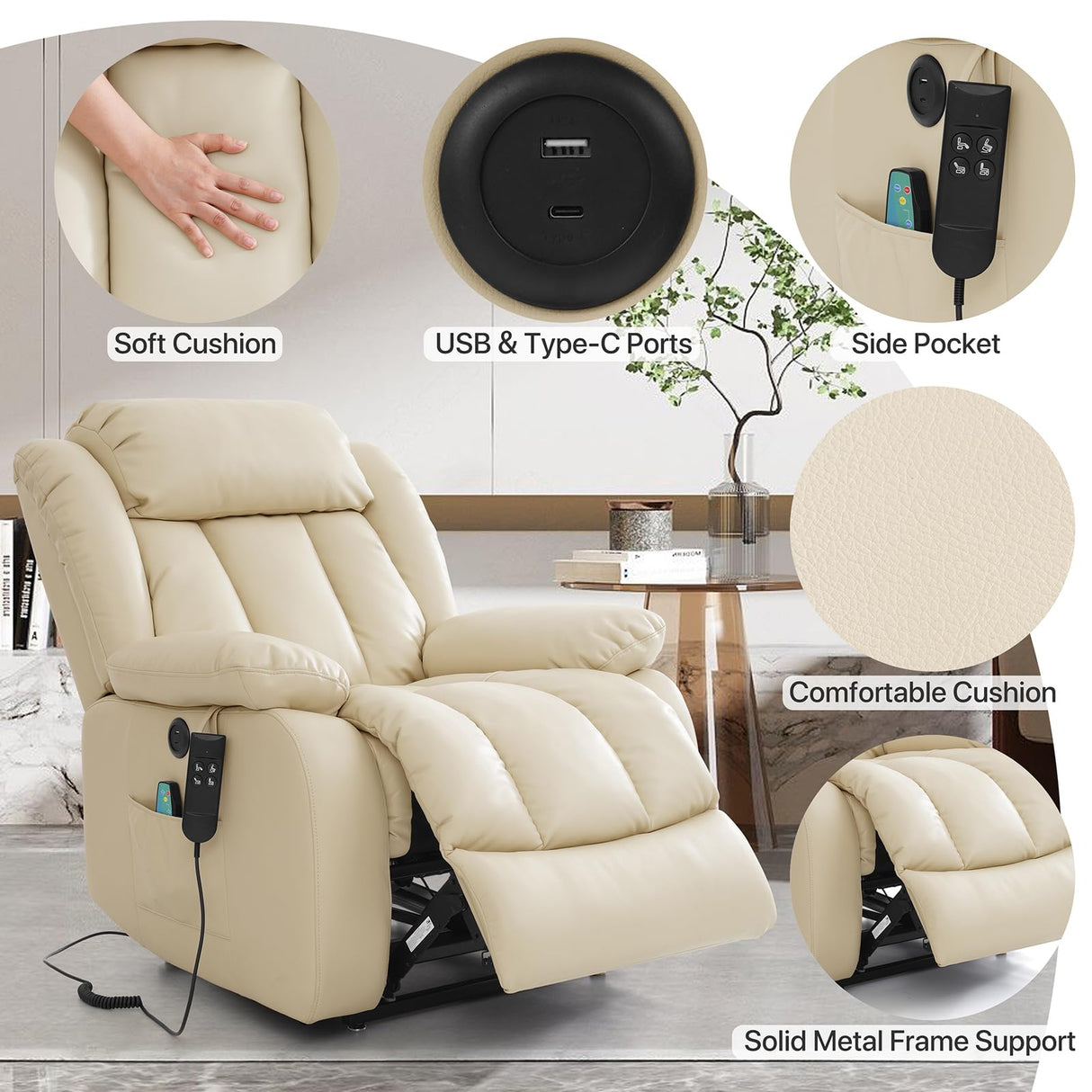 KIMOHOME Dual Motor Large Power Lift Recliner Chair Recliners for Elderly, Infinite Position Recliner Chair with Heat and Massage, Breathable Leather(Beige) KIMOHOME