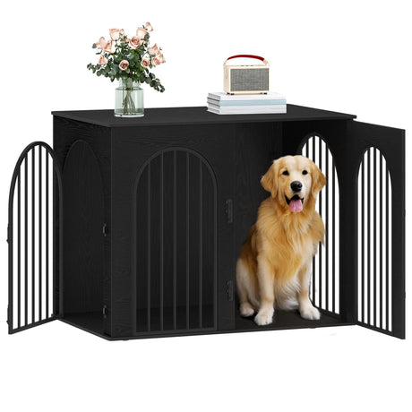 Hzuaneri 44.1" Wooden Dog Crate Furniture TV Stand, Indoor Dog Kennel for Small/Medium/Large Dogs, End Side Table Dogs Crates, Anti-Chew, Anti-Escape, Arched Door Design, Black DFC83904B Hzuaneri