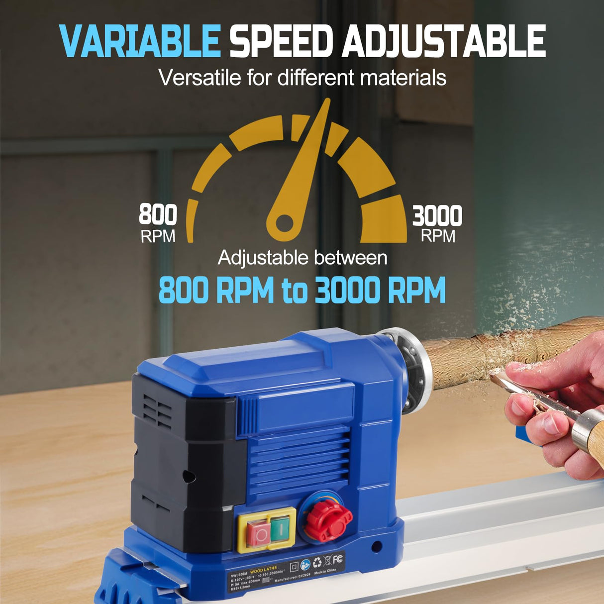 10" x 24" Benchtop Wood Lathe Machine, 0.8 HP 600W Wood Lathe Machine, Infinitely Variable Speed (800-3000 RPM), Wood Turning Lathe with Wrench & 3 Chisels for Woodworking Garvee