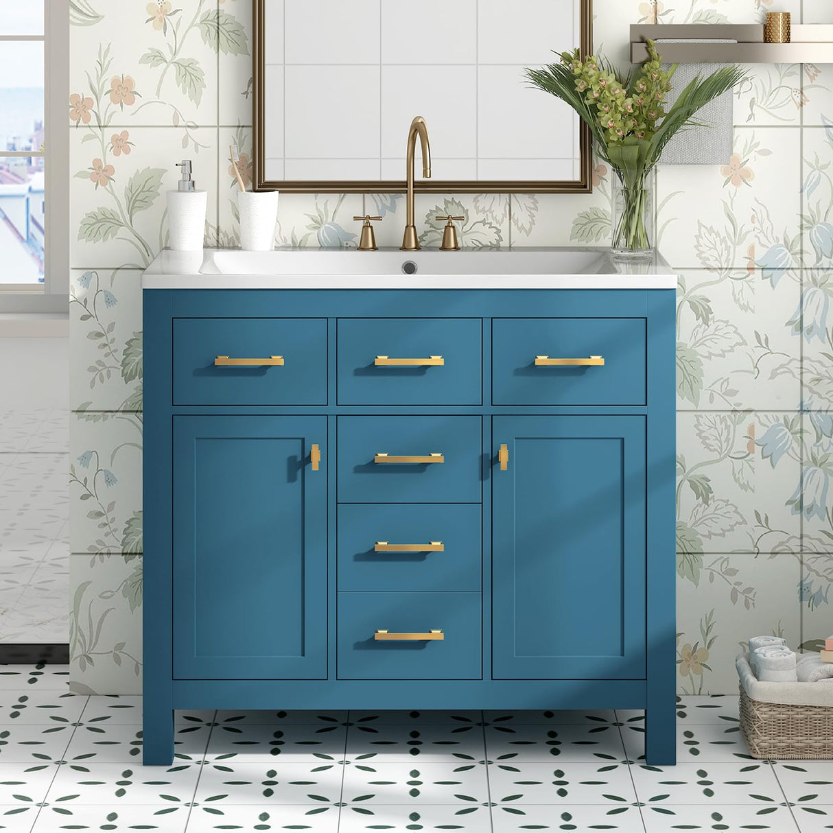 Merax 36" Bathroom Vanity with Sink, Freestanding Modern Bathroom Vanity Cabinet with Sink Top, 4 Drawers and 2 Storage Cabinets, Solid Wood Frame Bathroom Vanity Merax