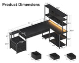 AODK 71 inch L Shaped Desk with File Drawers, Reversible L Shaped Gaming Desk with Power Outlets & LED Lights, Computer Desk with Storage Shelves for Home Office, Black AODK