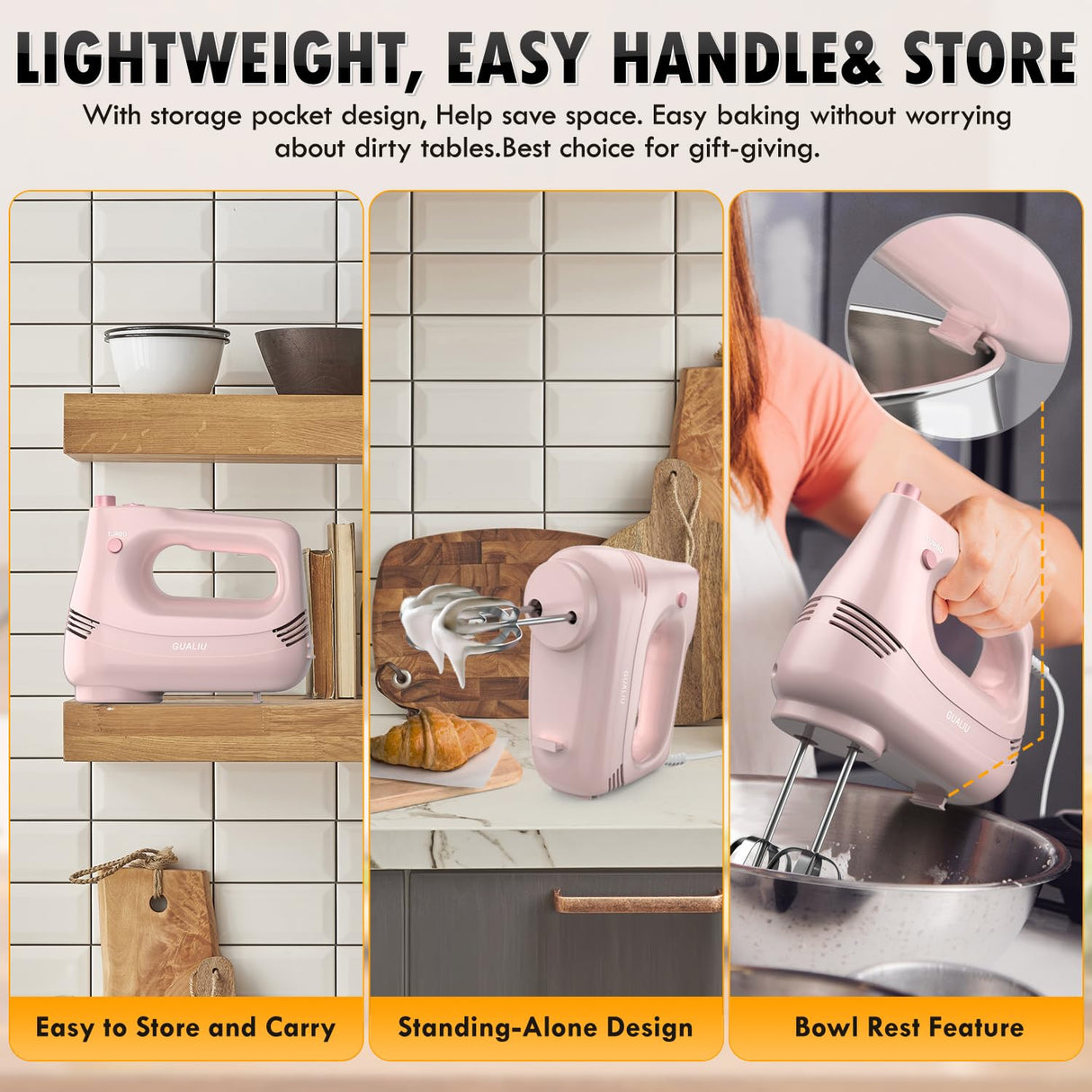 GUALIU Electric Hand Mixer with Stainless Steel Whisk, Dough Hook Attachment and Storage Bag, Handheld Mixer for Baking Cakes, Eggs, Cream Food Mixers. Turbo Boost /5 Speed Kitchen Blender PINK GUALIU