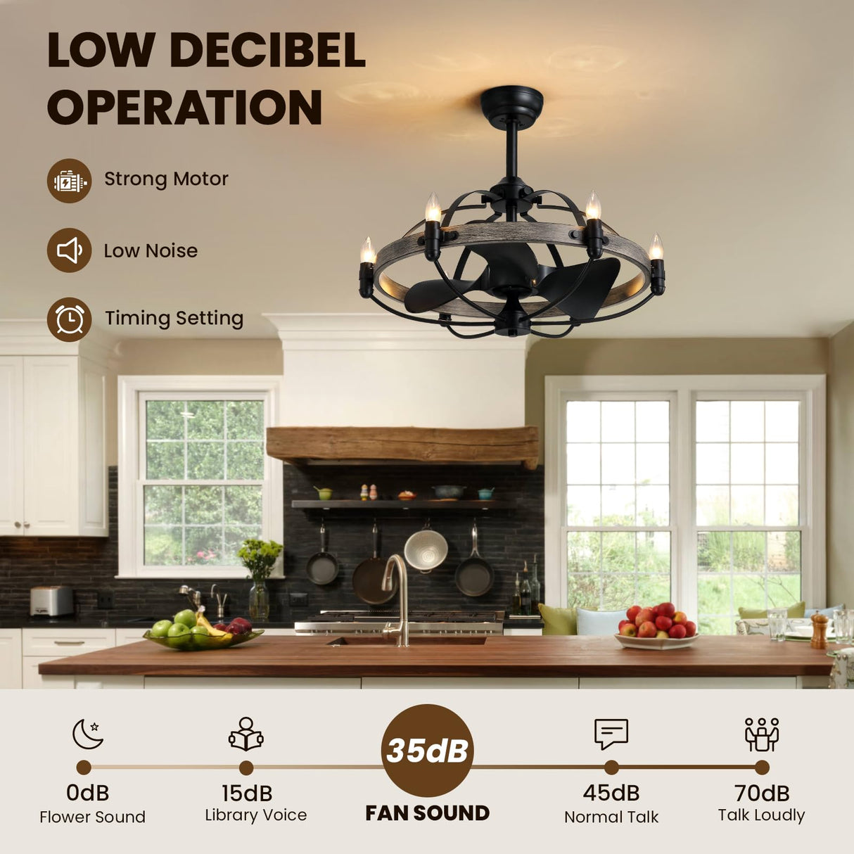 MOOONICHE 27'' Farmhouse Cage Ceiling Fan with Light Remote Control, Ash Brown Rustic Ceiling Fan with Lights,Vintage Chandelier Fan for Kitchen Dining Room Living Room MOOONICHE
