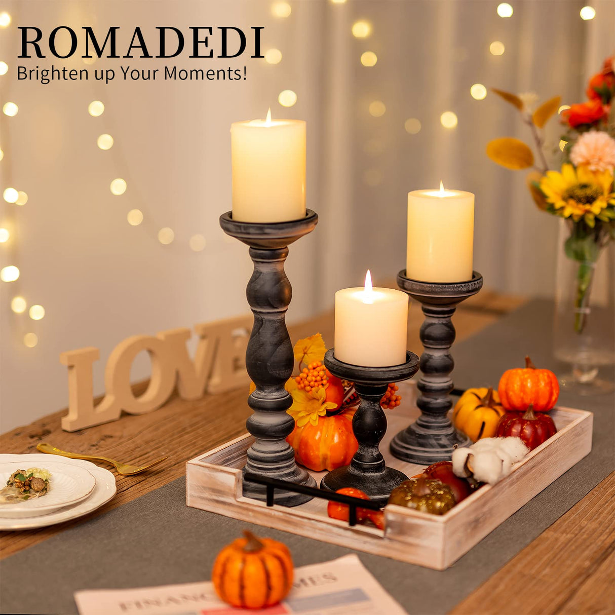 Candle Holder for Pillar Candles: Romadedi Set of 3 Decorative Wood Candlestick Holders, Rustic Wooden Candle Stand for Fireplace Mantle End Table Shelf in Farmhouse Style, Black 6”, 8.3”, 12” Romadedi