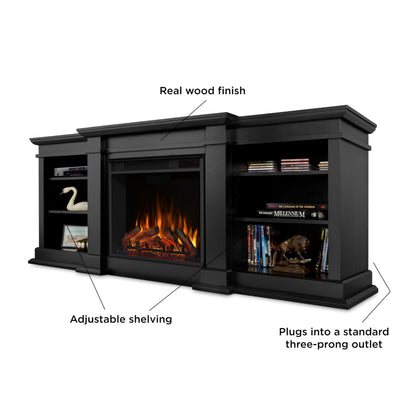 Real Flame Fresno 72" TV Stand with Electric Fireplace in Black, Entertainment Center with Electric Fireplace, Living Room TV Stand with Fireplace, fits up to 70" TV