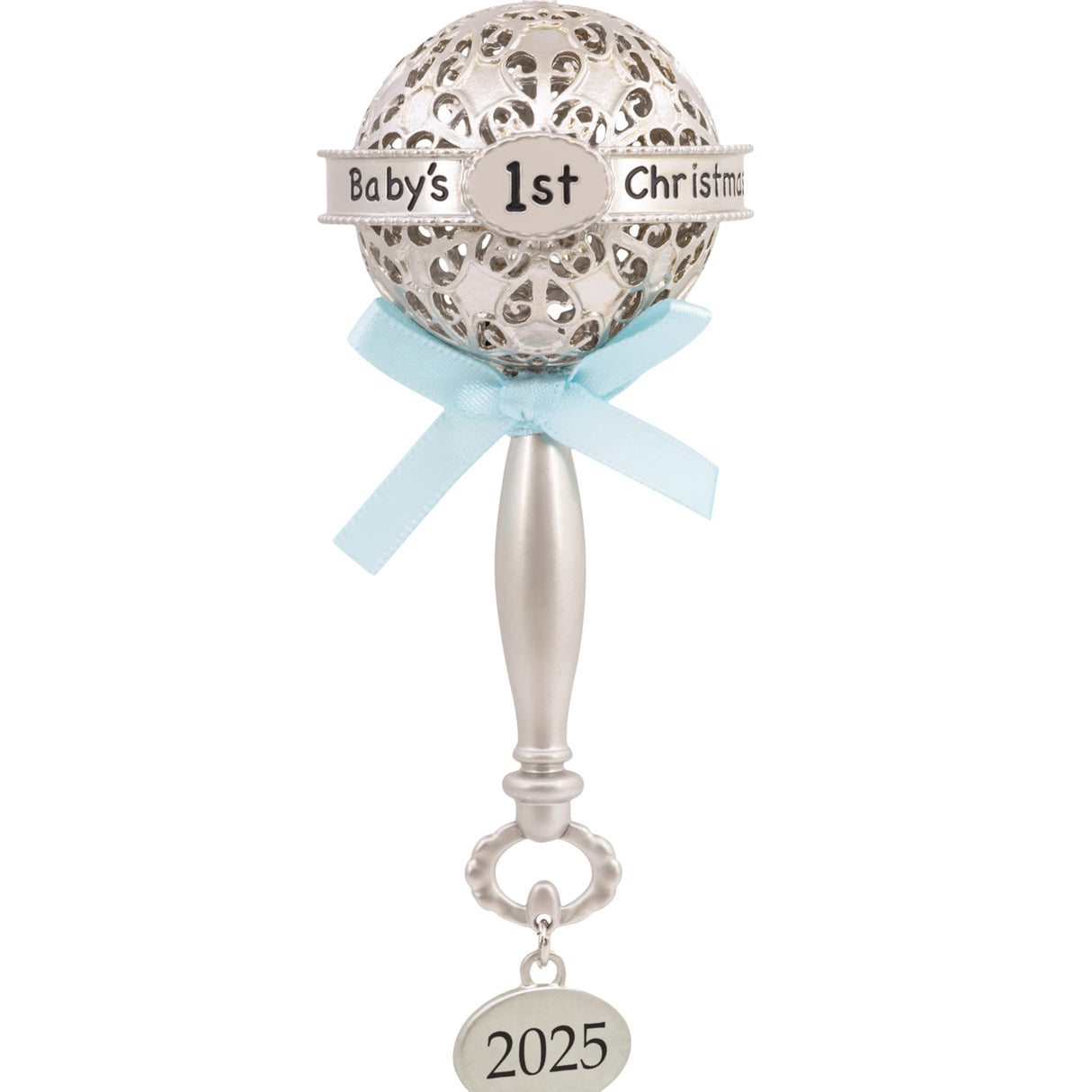 Hallmark Baby's First Christmas Silver Rattle with Blue Ribbon 2025 Christmas Ornament, Metal, New Baby Gifts Hallmark