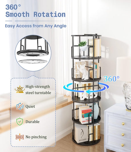 5 Tier Rotating Bookshelf Tower Round Black,62”Tall Standing Spinning Bookshelf Tower Anti-Tipping Design,Metal & Wood Revolving Bookcase Stackable Space Saving for Small Spaces,Study,Living Room Amzeth