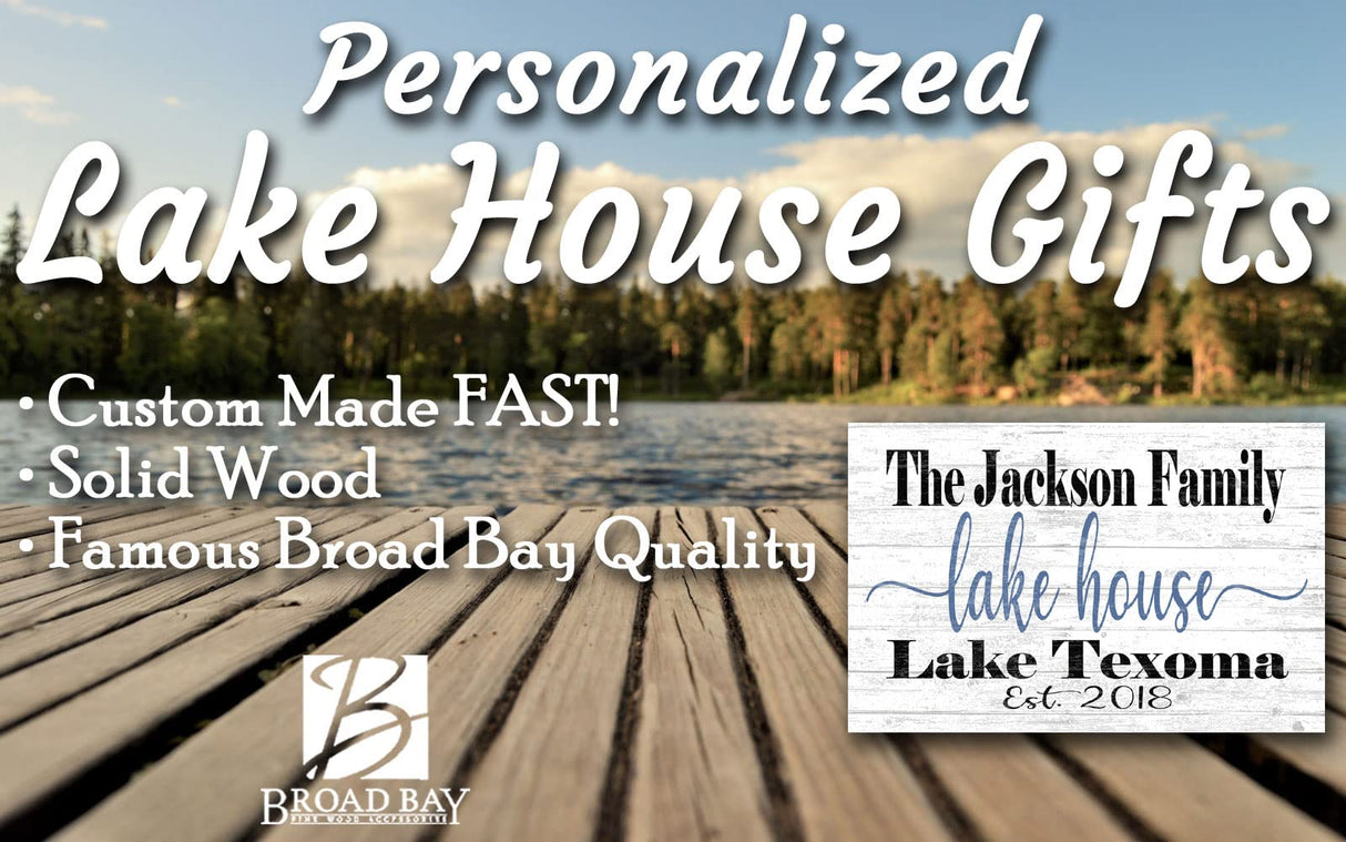 Custom Lake House Sign Personalized Name Gift or Decor for Summer Home - Solid Wood - 16.5in x 10.5in (Lake House Est. Date) Broad Bay