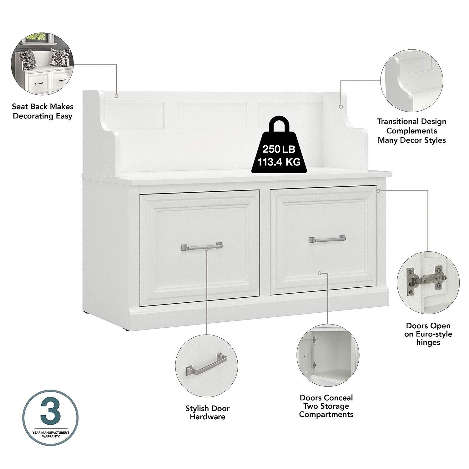 Bush Furniture Woodland Full Entryway Storage Set with Coat Rack and Shoe Bench with Doors | Mudroom Organizer for Footwear, Clothing, White Ash - WoodArtSupply