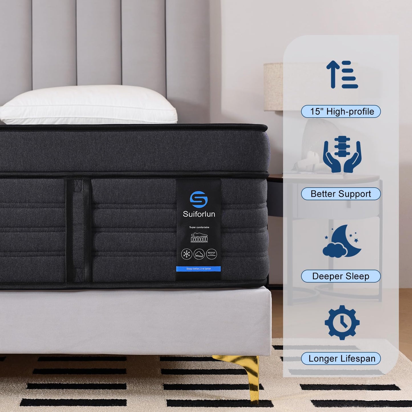 Suiforlun 15" California King Mattress, Gel & Bamboo Charcoal Infused Memory Foam, Medium Euro Top Hybrid Pocket Spring Mattress for Restful Sleep, Pressure Relief and Edge Support, 120 Nights Trial