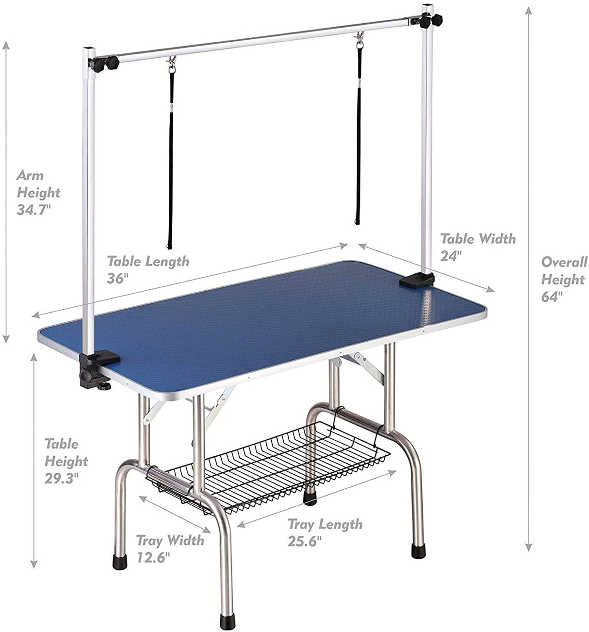 EPIKOIB Pet Dog Grooming Table, Foldable Stainless Steel Pet Drying Grooming Table Up to 330lbs, Professional Bathing Desk for Dogs at Home with Adjustable Overhead Arms, Noose, Mesh Tray, 36''/Blue EPIKOIB