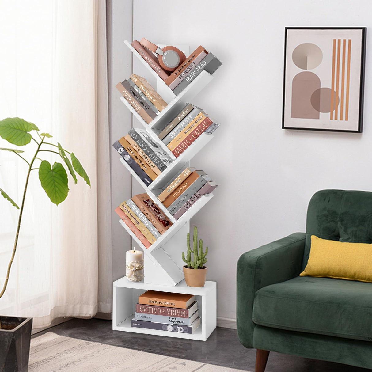 LUSHZLUMBERA Tree Bookshelf - 6 Shelf Retro Floor Standing Bookcase, Tall Wood Book Storage Rack for CDs/Movies/Books, Utility Book Organizer Shelves for Bedroom, Living Room, Home Office, White LUSHZLUMBERA