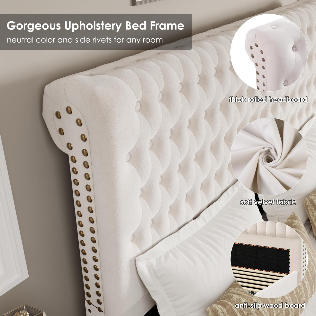 King Size Bed Frame 55" Tall Headboard with Gorgeous Button Tufted and Nail, Velvet Fabric Upholstered Bed Frame includes 4 Under-bed Storage Drawers, Wooden Slats, Noise-Free, Easy Assembly, Beige Keyluv