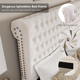 King Size Bed Frame 55" Tall Headboard with Gorgeous Button Tufted and Nail, Velvet Fabric Upholstered Bed Frame includes 4 Under-bed Storage Drawers, Wooden Slats, Noise-Free, Easy Assembly, Beige Keyluv