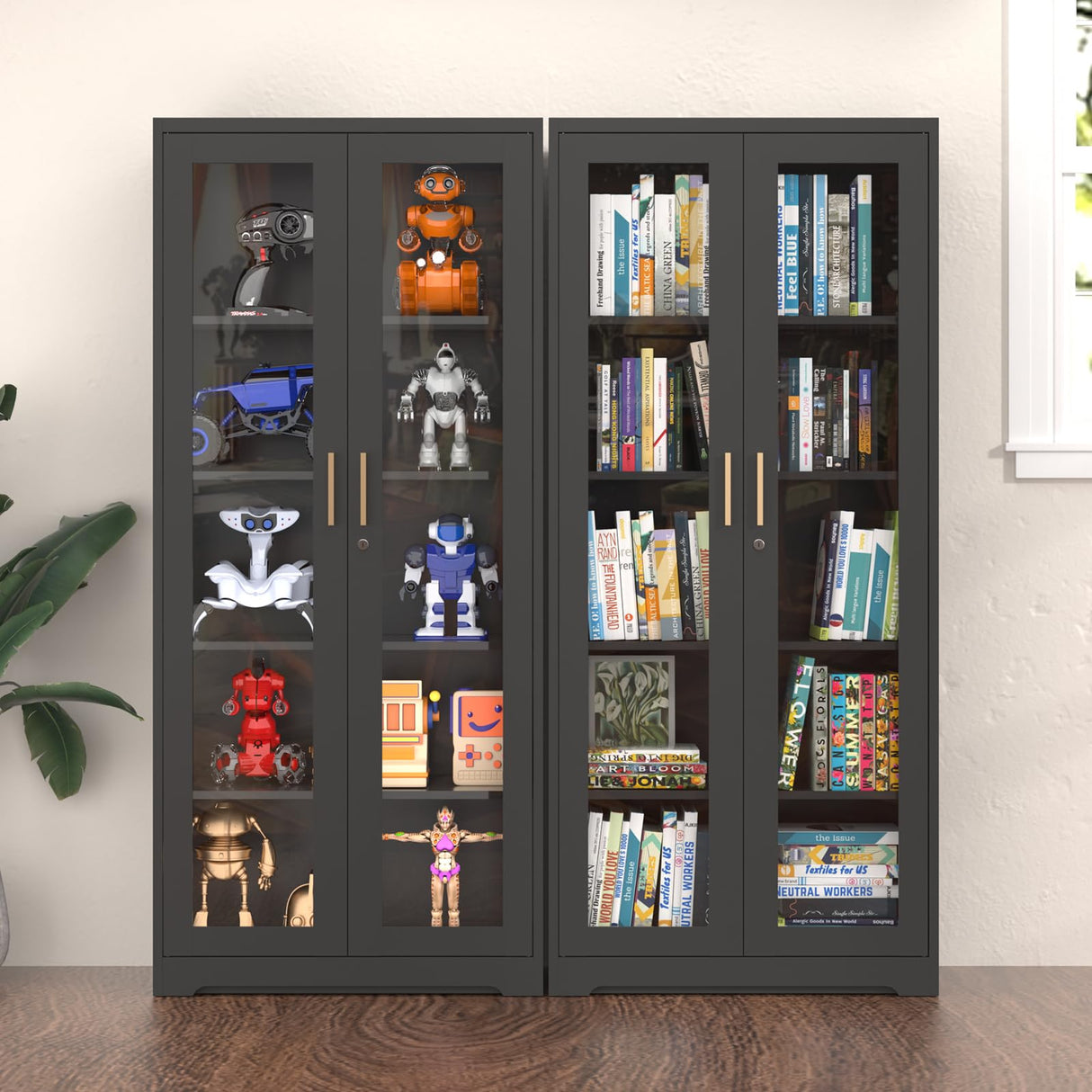 Display Cabinet with Glass Doors,Curio Cabinet with Lock,71" Metal Tall Display Case Cabinet with 4 Adjustable Shelves, Black Bookcase Locking Glass Display Cabinet for Living Room, Kitchen，Commercial SteeLoong