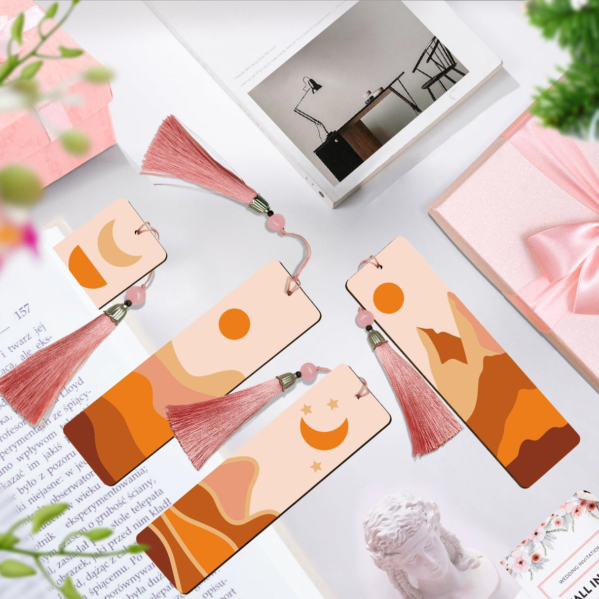 JOOZ 4 Pack Easy Paint by Numbers Kit for Adults, Wood Bookmarks Paint by Numbers for Book Lovers, DIY Mountain Sunset Moon Oil Painting by Number Bookmarks with Tassel for Gift 7x2 Inch JOOZ