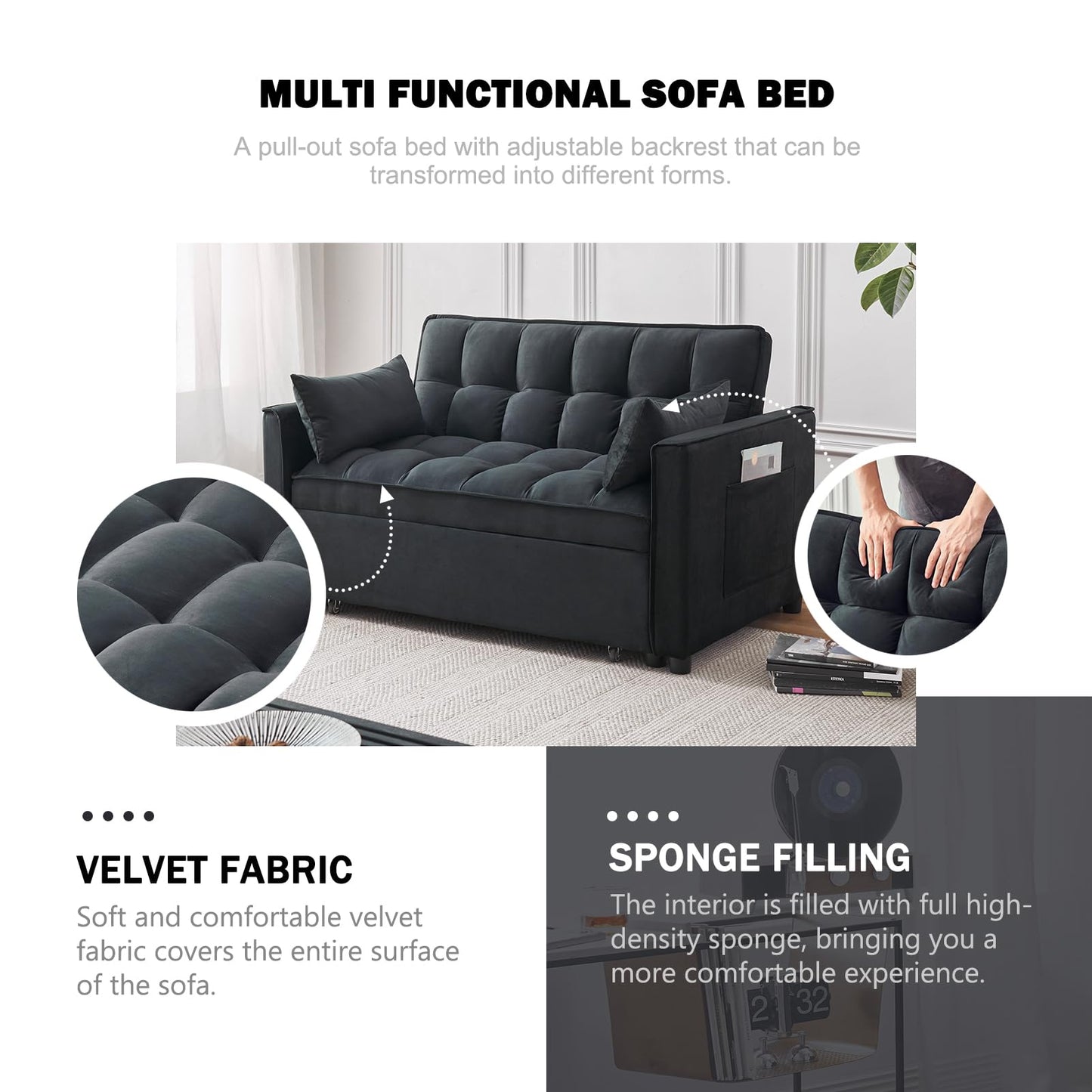 ECHINGLE Sleeper Sofa Bed, 3-in-1 Velvet Pull Out Couch with Armrests, Storage Pockets and 2 Pillows, Adjustable Backrest, Sofa Bed Couch for Living Room, Bedroom(Black) - WoodArtSupply