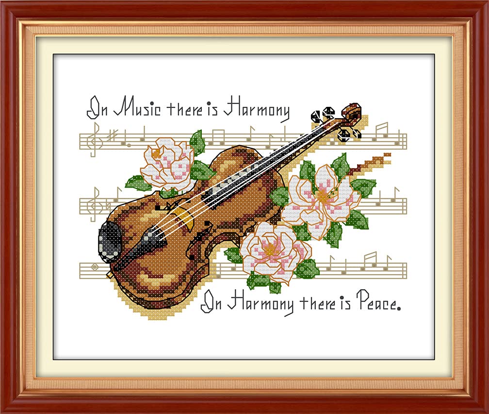 Amiiba Stamped Cross Stitch Kits, Quotes: Music There is Harmony, Harmony There is Peace DIY 11CT 12.5x9.4 inch (Violin) Amiiba