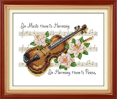 Amiiba Stamped Cross Stitch Kits, Quotes: Music There is Harmony, Harmony There is Peace DIY 11CT 12.5x9.4 inch (Violin)
