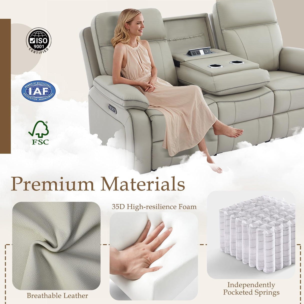 Neptane Power Reclining Sofa with Fold Down Table, Breathable Leather Electric Reclining Couch, Power Loveseat Recliner Sofa with Cup Holders/Outlets/USB-C/A Ports for Living Room(Grey, 3 Seat) Neptane