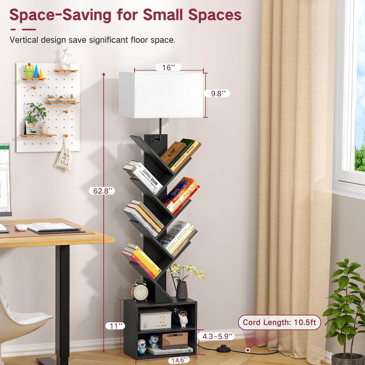 OUTONLIFE 9 Tier Tree Bookshelf with Light, Remote, Timer & Cabinet, Dimmable Modern Tall Floor Standing Corner Book Shelf, Small Narrow Wood Bookcase for Living Room, Bedroom, Office(Black) OUTONLIFE