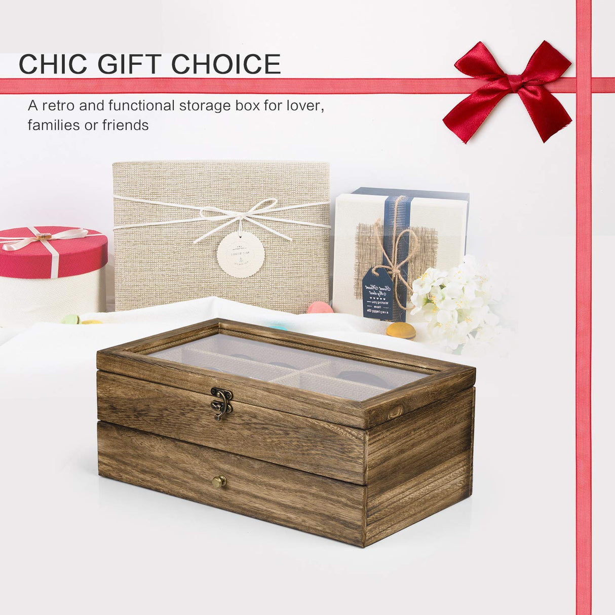 SRIWATANA Sunglasses Case Organizer for Women Men, 12 Slot Wood Eyeglass Eyewear Display Box with Glass Top, Gifts for Loved One, Carbonized Black SRIWATANA