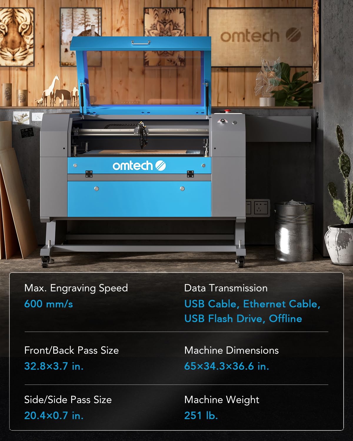 OMTech 100W CO2 Laser Engraver with LightBurn & Water Chiller, 20"x28" Laser Engraving Cutting Machine with 4 Way Pass Through Air Assist Wheels, Industrial Laser Cutter - WoodArtSupply