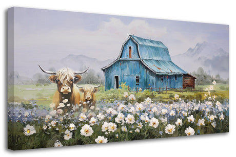 Anolyfi Blue Barn Picture Farmhouse Canvas Wall Art Highland Cow and White Flowers Landscape Textured Painting Large Scenery Artwork Framed for Living Room Bedroom Bathroom Office Home Decor 40"x20" Anolyfi