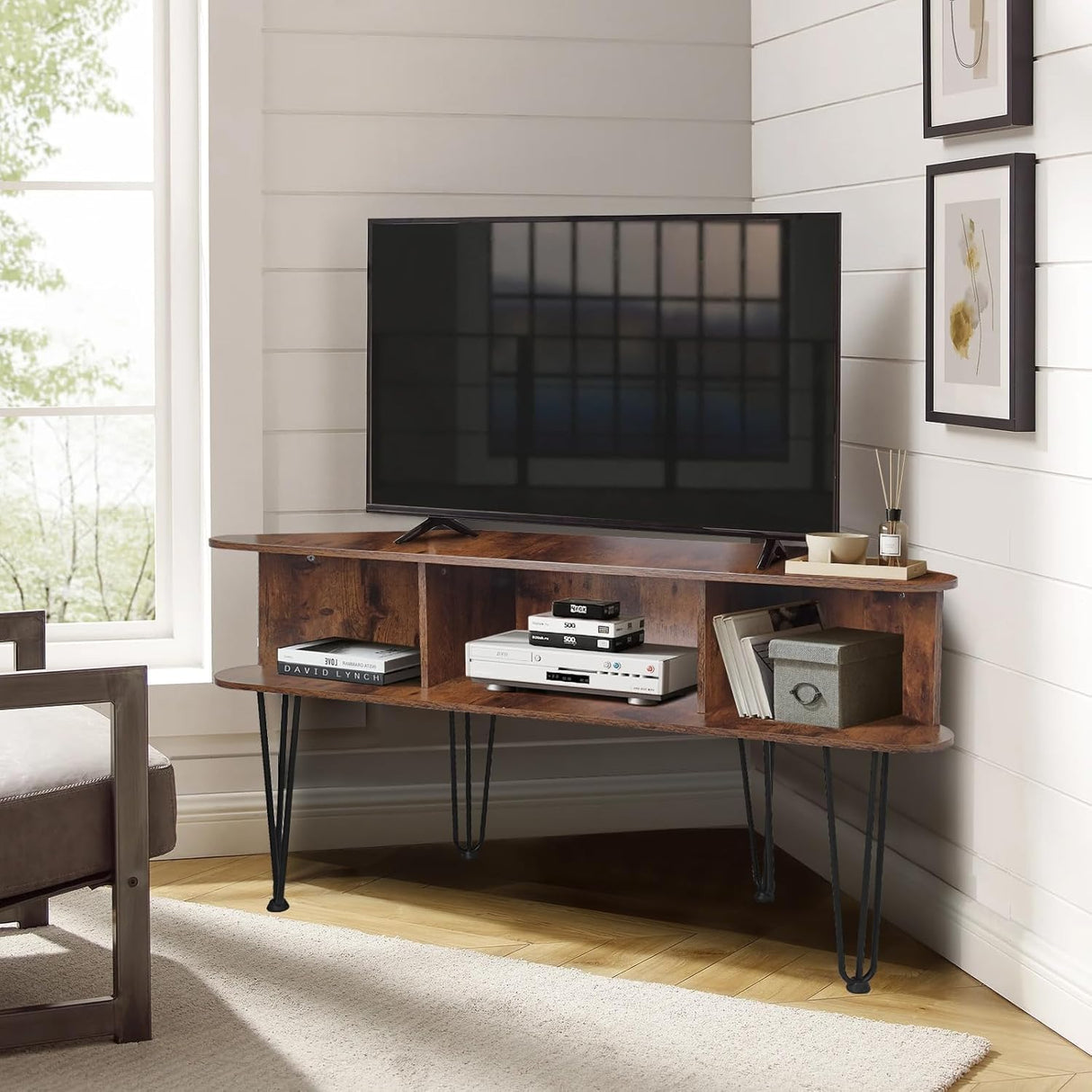 Corner TV Stand for 55 inch TV, Corner TV Stand for Living Room, Industrial TV Stand with Storage, Corner Entertainment Center with High Metal Feet and Anti-Slip Pads, 45 Inch, Rustic Brown Ciao Stilista