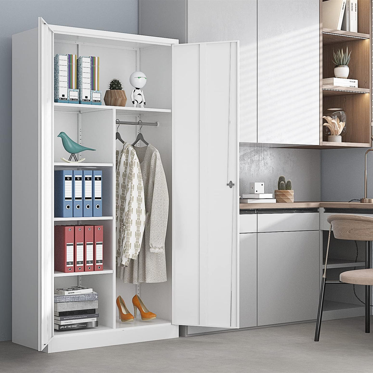 Yizosh Metal Armoire Wardrobe Closet Cabinet for Hanging Clothes with Lock Doors, -72" Steel Lockable Wardrobe Storage Locker Clothes Organizer for Bedroom, Laundry Room (White) Yizosh